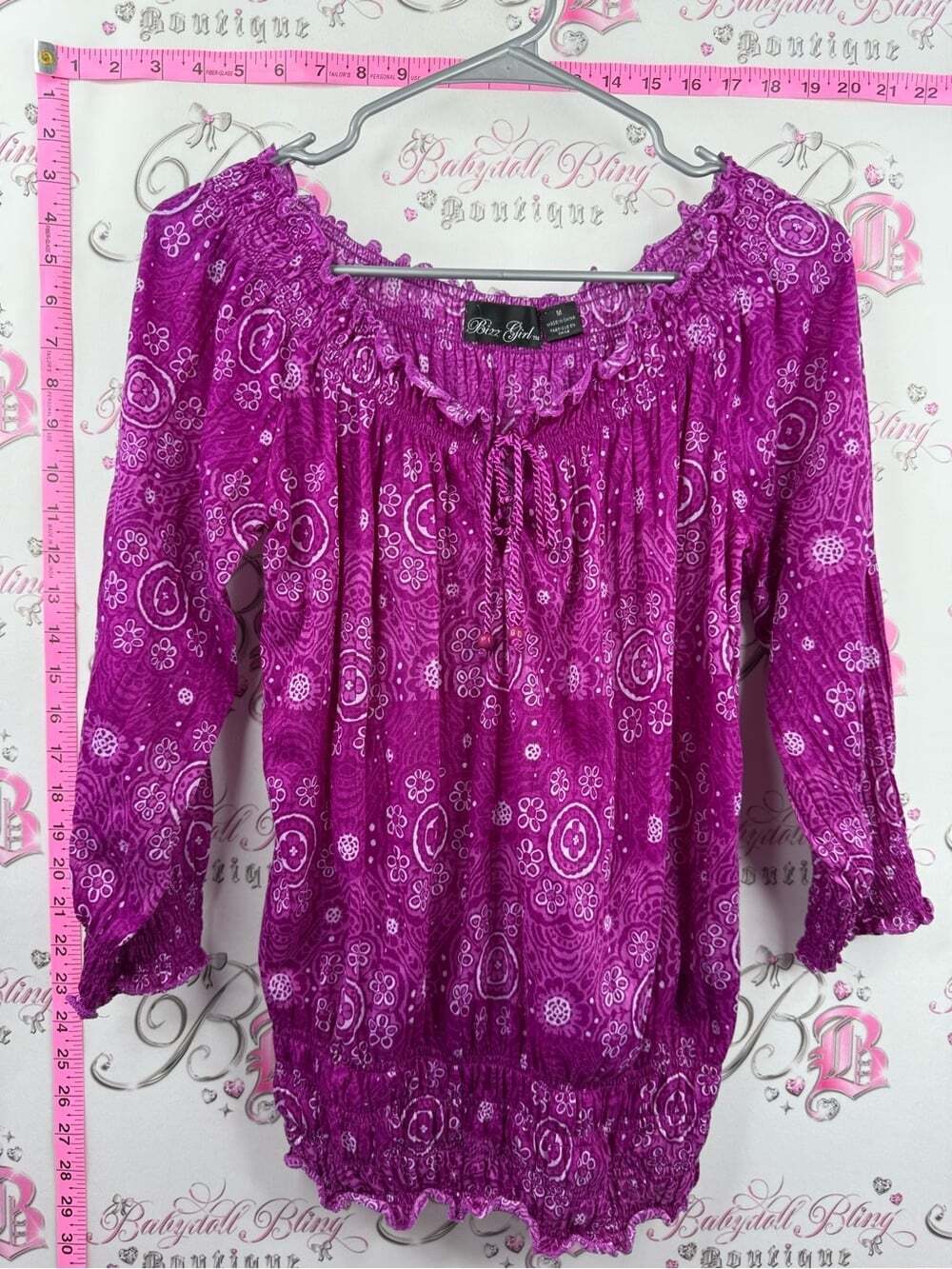 BIZZ GIRL blouse smocked paisley y2k Magenta Floral Paisley Peasant Tunic